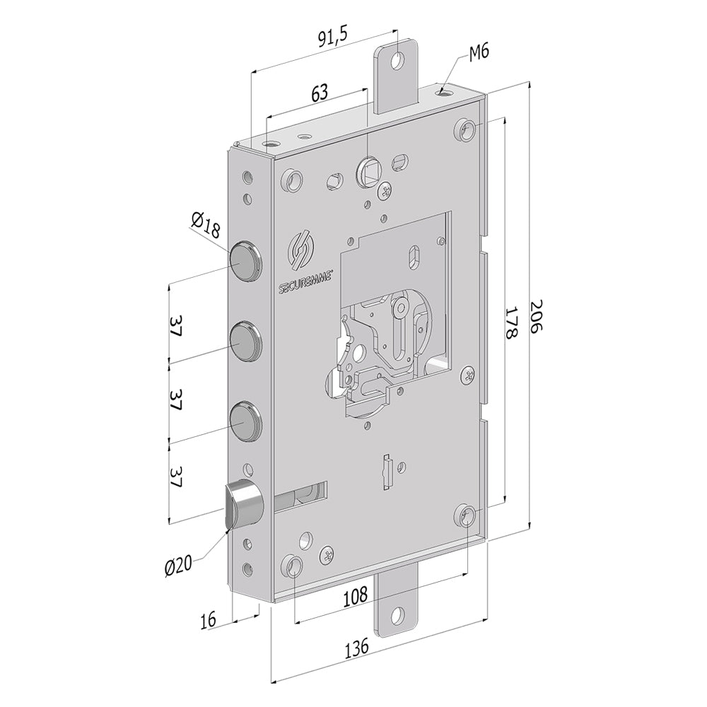 SERRATURA DA APPLICARE TRIPLICE PER PORTE BLINDATE SENZA NUCLEO '250' interasse pistoni 28 mm  - DX