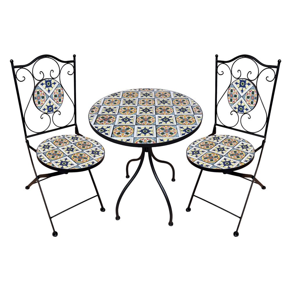 SET TAVOLO MOSAICO DA ESTERNO 'FIOCCO' Ø cm 60 x h.75 (tavolo) - cm 38 x 46-92 (sedie)
