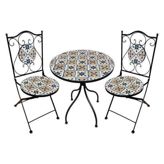 SET TAVOLO MOSAICO DA ESTERNO 'FIOCCO' Ø cm 60 x h.75 (tavolo) - cm 38 x 46-92 (sedie)